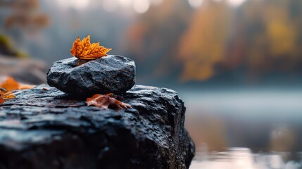 Sticker -  A leaf atop a rock by a body of water, surrounded by autumn foliage