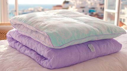 Wall Mural -   Three pillows stacked on top of each other on a bed facing the window with an ocean view