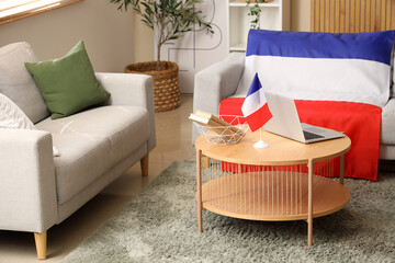 Sticker - Interior of living room with French flags, sofas and table