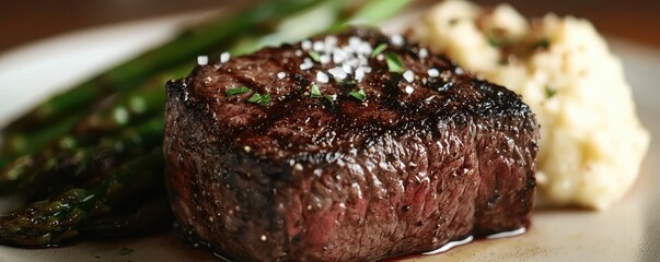 Deliciously cooked steak with asparagus and creamy mashed potato, garnished with herbs and salt, perfect for gourmet dishes.