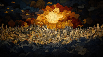 Wall Mural - Abstract Cityscape with Swirling Clouds and Golden Hues - Perfect for Modern Design Projects