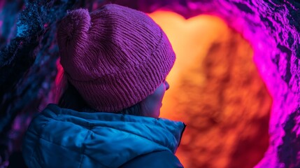 Wall Mural -  A woman in a purple hat and blue jacket gazes at a heart-shaped hole in a cavern, illuminated by vibrant, colored lights