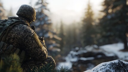 Poster -  A man atop a snow-capped hill sits, nearby stands a forest dense with pine trees