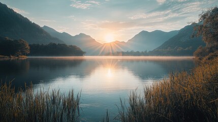 Canvas Print - Lake at sunset in mountains