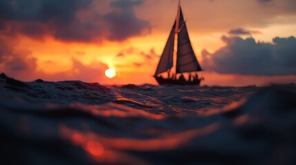 Wall Mural -  A sailboat on a body of water as the sun sets in the distance, with clouds in the background