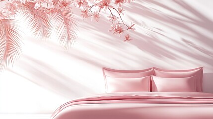 Sticker -   A cozy bed with pink pillows in front of a pink wall and a palm tree in the corner