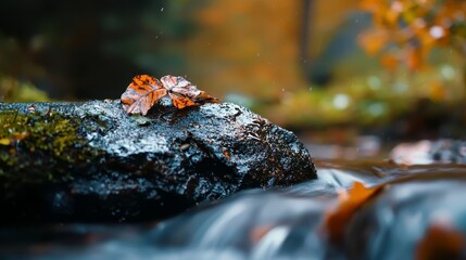 Canvas Print -  A leaf atop a submerged rock in the river's heart, surrounded by flowing water; waterfall behind