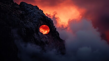 Wall Mural -  A large rock with a central hollow containing a glowing red light