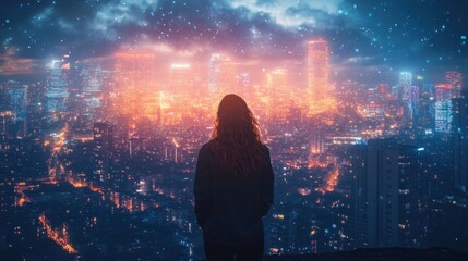 Wall Mural - Woman Gazing at a Night Cityscape