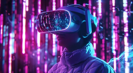 Poster - A user is completely immersed in a vibrant virtual reality world, wearing innovative futuristic goggles, and surrounded by dazzling neon lights, creating an astonishingly immersive gaming experience