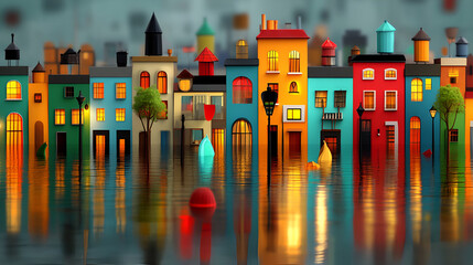 Wall Mural - Colorful Flooded Cityscape with Reflections, Perfect for Fantasy Art or Architecture