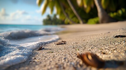 Wall Mural - waves approaching shore, palm trees in background