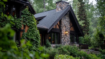 Wall Mural -  A house nestled in woods, boasts a stone chimney and a path of stones for a walkway, guiding approach to its front