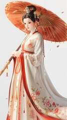 Adorable 3D character of a beautiful woman in traditional Hanfu, set against a white background, showcasing her Asian heritage. This charming design captures the playful essence of cultural attire, ma