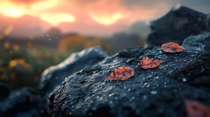 Wall Mural -  A collection of leaves atop a rock by a water body during sunset