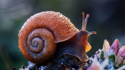  A tight shot of a snail perched atop a leafy plant, with dewdrops adorning its protective shell