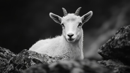 goat gazes at camera, foreground holds a rock; background is black and white