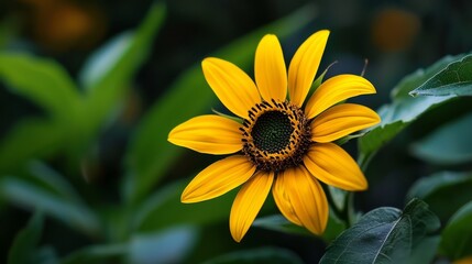  A detailed shot of a yellow bloom against a backdrop of green foliage, with softly blurred leaf clusters in the foreground