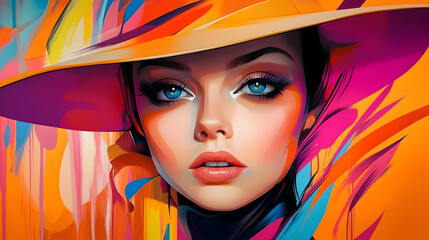 Sticker - A vibrant portrait of a woman in a hat, showcasing colorful abstract patterns.