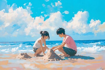 Sticker - Young Couple Building Sandcastles on a Sunny Beach.