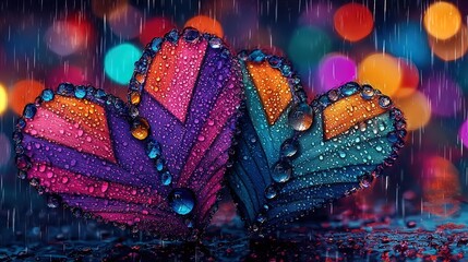   A colorful butterfly on a wet surface with raindrops on its wings, against a backdrop of colorful lights