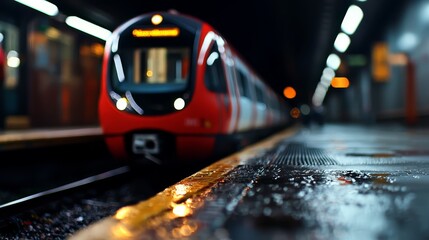 Wall Mural -  A red train approaches a platform at the train station, where people patiently wait