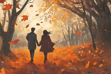 Wall Mural - Couple Walking Through Autumn Forest.