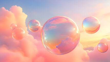 Wall Mural - A serene scene of floating bubbles against a pastel sky and clouds at sunset.