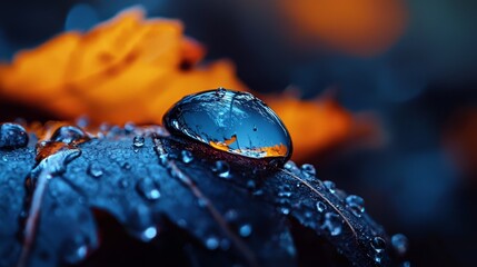 Poster -  A drop of water atop a green leaf beside a yellow-orange flower, both adorned with their own droplets