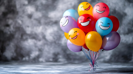 Poster - A colorful bunch of smiling balloons against a soft, blurred background.