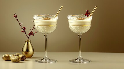 Sticker -   Two glasses of liquid accompanied by a golden vase adorned with a red sprig of berries