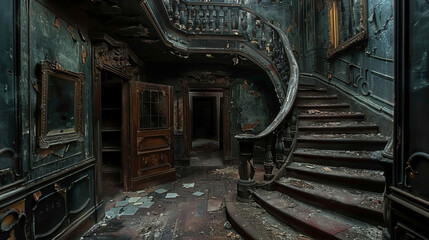 Wall Mural - A dark, abandoned building with a staircase leading up to the second floor