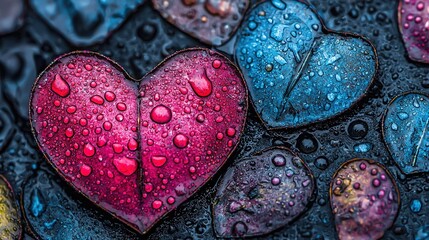 Wall Mural -   A close-up of a heart-shaped object adorned with droplets of water lies surrounded by an array of similar heart shapes