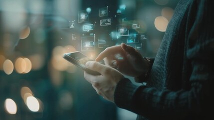 Poster - A person is holding a cell phone and touching the screen