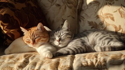 Wall Mural - The Red Scottish Fold and British Shorthair Silver Tabby cats cuddled up on a comfortable sofa, bathed in warm afternoon light.