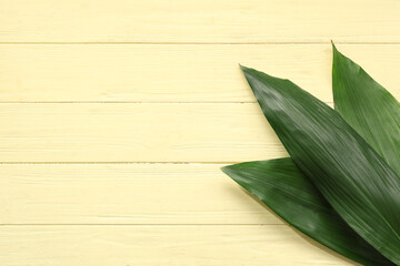 Wall Mural - Green tropical leaves on yellow wooden background