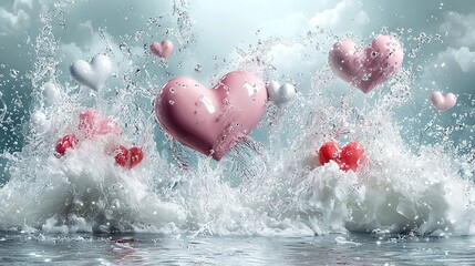 Wall Mural -   A cluster of heart-shaped balloons bobbing on a water surface, surrounded by splashing waves