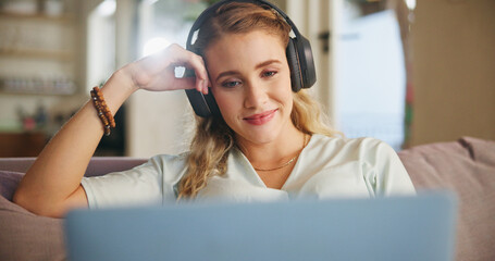 Canvas Print - Girl, student and laptop for education at house with online learning, project research and studying for test. Woman, relax and digital for university email, assessment report or knowledge development