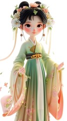 Stylish 3D game model of a beautiful woman in traditional Hanfu, representing Asian culture against a white background. This captivating design features intricate details and vibrant colors, making it