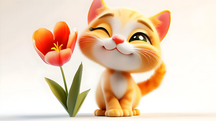 Poster - A cheerful cartoon cat sitting beside a vibrant flower, exuding a playful and friendly vibe.