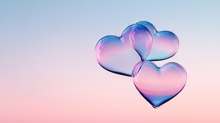 two heart-shaped balloons float in the sky with a pink and blue backdrop