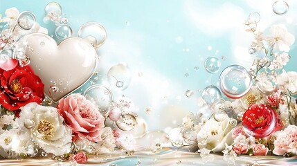 Wall Mural -  Flowers, Bubbles, Heart-Shaped Balloon, Blue Sky