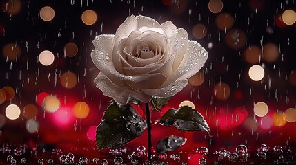 Wall Mural -   A white rose on a table, against a red backdrop, with raindrops falling on the petals The background is dark