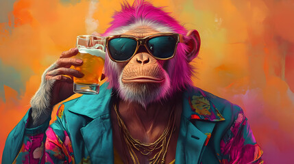 Wall Mural - A stylized monkey wearing sunglasses and a colorful outfit, holding a beer.