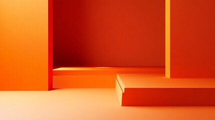 Wall Mural - Minimalist orange showcase displaying three empty platforms