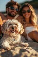 Wall Mural - Couple and dog on beach