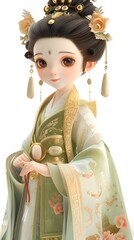 Elegant 3D character of a beautiful woman in traditional Hanfu on a white background, showcasing the richness of Chinese culture and heritage. This charming design embodies grace and sophistication, m