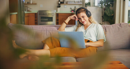 Aufkleber - Woman, student and laptop with headphones at house for e learning, research videos and studying for online course. Girl, relax and headset with digital for editing project, assessment report and task