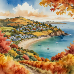 Wall Mural - Watercolor illustration of Waiheke Island during the autumn season