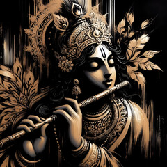 Wall Mural - black and golden oil paint brush stroke art of lord krishna with flute portrait	